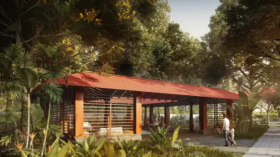 Landscaped parks and tree-lined internal roads
