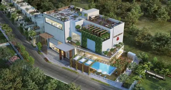 Aerial view of Club Verdant clubhouse and swimming pool