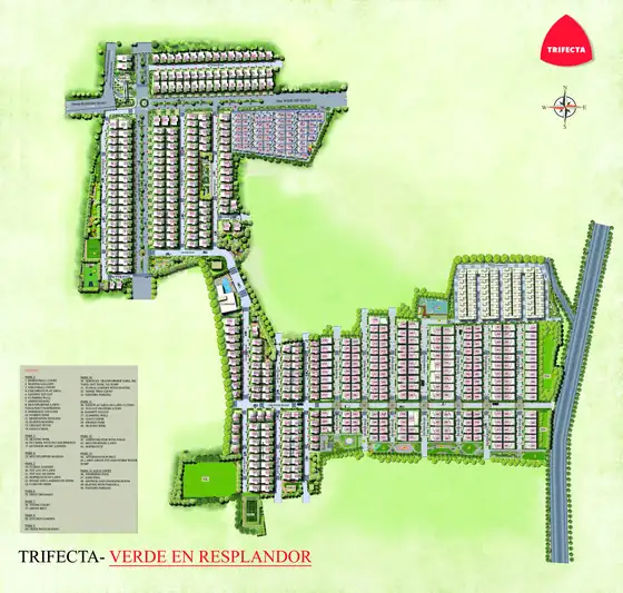 Trifecta Verde En Resplandor villa master plan showing plot layout, roads and parks